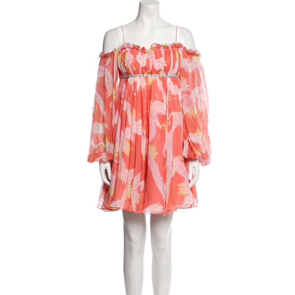 Marchesa Notte Silk Off-Shoulder Mini Dress Pink Floral Embellished Size 4